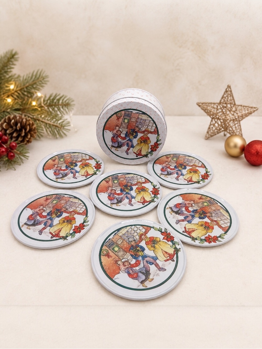 Vintage 1987 Tin Box Company Christmas Coaster Set w/ Storage Tin 6 Cork Back
